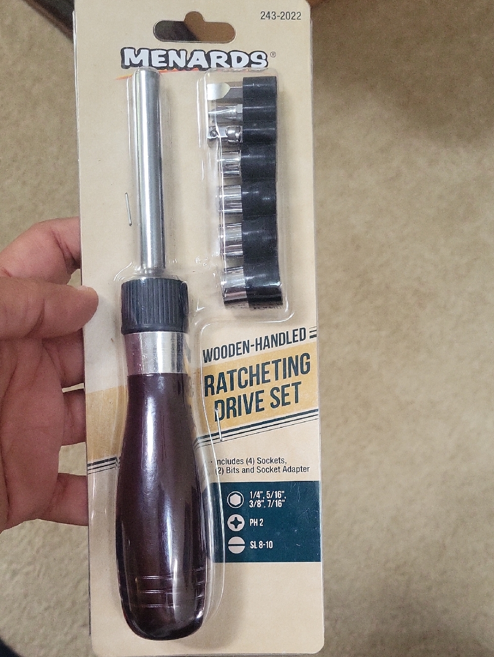 COPY - Menards wooden handled ratcheting drive Set new 4 sockets, 2 bits & adap…